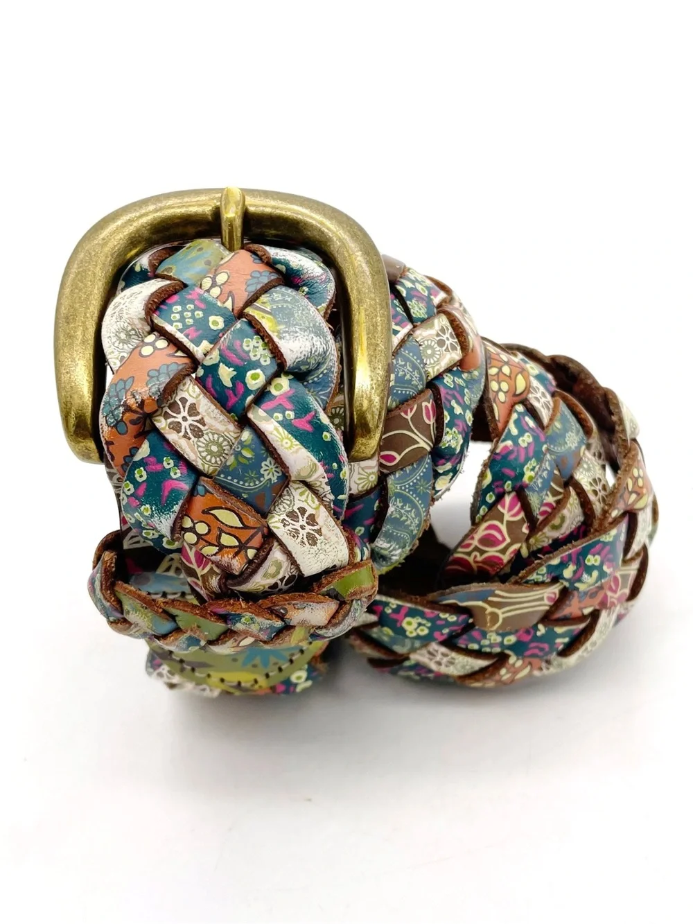 Fossil Braided Leather Belt Sz M Multicolor Patchwork Floral Boho Brass Buckle